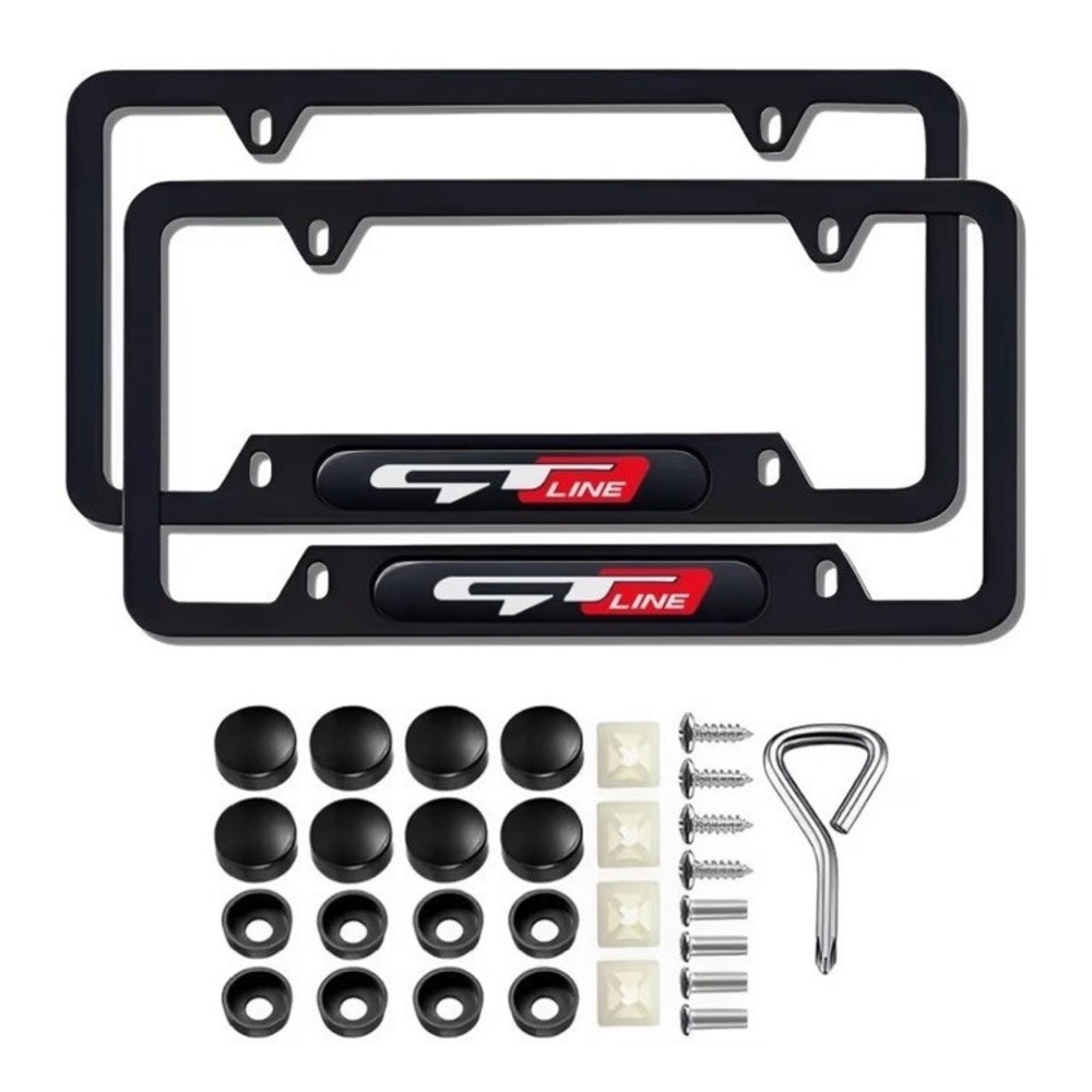 GT Line Set of 2 Black Metal License Plate Frame with Hardware Red Gray Graphic